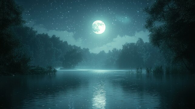 Misty lake, full moon, starry night