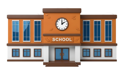 Cartoon School Building with Clock and "SCHOOL" Sign