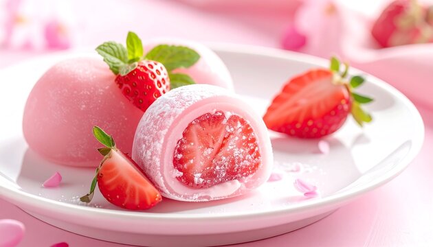 Close-up of pink mochi with strawberries and mint on a plate