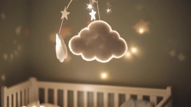 Peaceful illuminated baby nursery with a dreamy cloud mobile, preparing for sweet dreams and slumber
