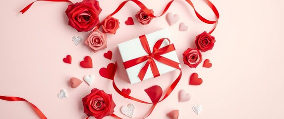 Romantic gift box with roses and hearts