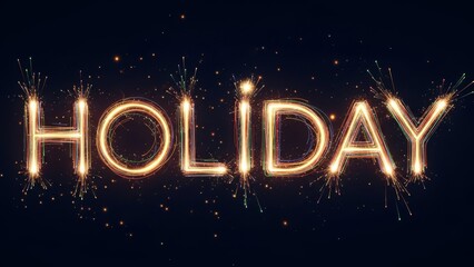 The word HOLIDAY is illuminated with golden sparkling firework effects on a dark background, creating a festive and celebratory atmosphere.