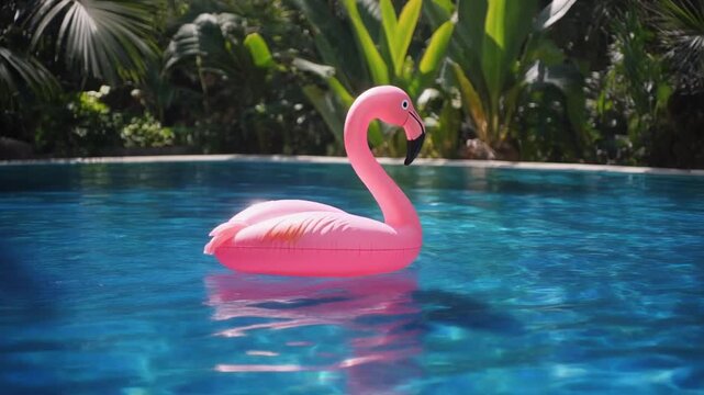Vibrant pink flamingo float adds a touch of playful summer charm to a refreshing blue swimming pool setting