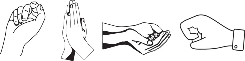 Hand gesture illustration set with simple line icons showing communication and body language. Minimal black outline drawings of human hands express actions, signs, and interaction. Ideal for UI design