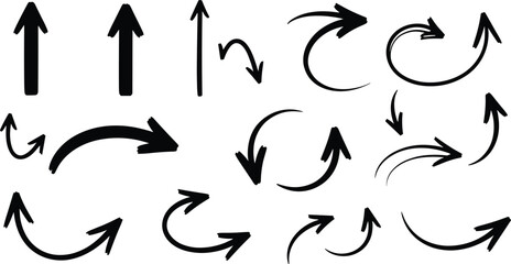 Hand Drawn Arrow Vector Set with Curved, Circular, and Directional Arrows for Flowcharts, Infographics, Navigation, and Graphic Design Elements