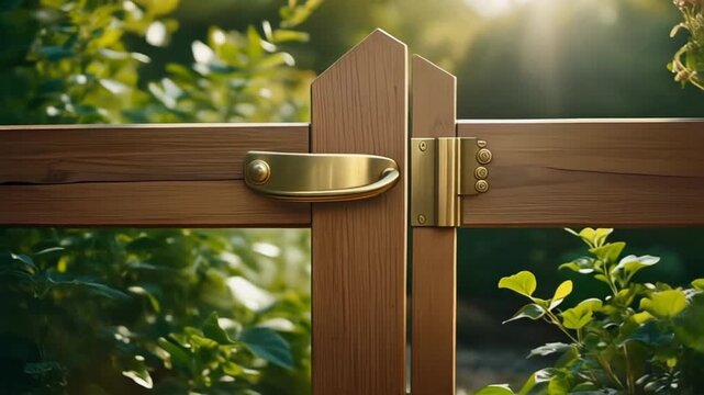Wooden garden gate with brass latch and sunlit foliage in the background