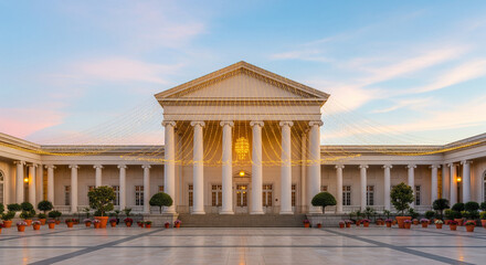 Obraz premium temple adorned with glowing yellow lights during Vasant Panchami