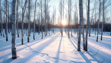 Winter sunrise in birch forest