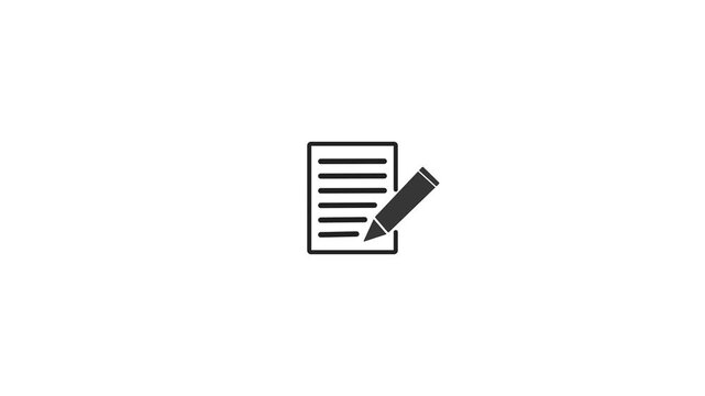 Black icon of a document with lines and a pencil writing on a white background paper