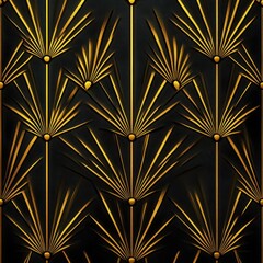 Obraz premium Repeated golden fan motifs with radiating spikes and small circular nodes on a dark textured background, luxurious and elegant