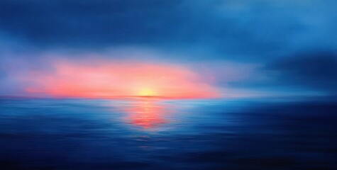 Obraz premium Calm ocean sea under a twilight sky with a soft glowing sunset reflecting on the water, peaceful and serene seascape