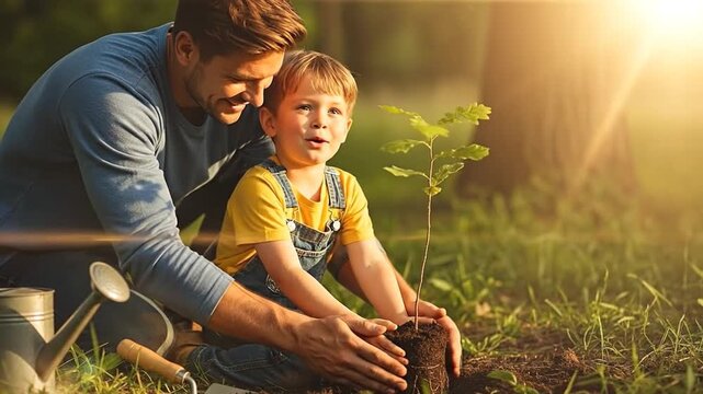 Dad son bonding planting sapling tree in rich natural sunlight.