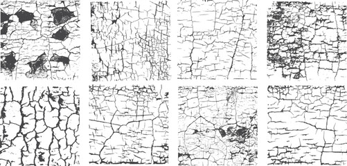 Obraz premium Cracked surface texture set with dry soil, peeling paint, and aged wall patterns. Detailed fracture lines and distressed cracks isolated on white backgrounds. Ideal for grunge design, vintage effects,