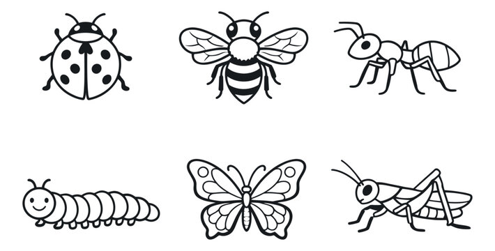 Hand drawn line art insect set featuring a ladybug, bee, ant, caterpillar, butterfly, and grasshopper for children's education