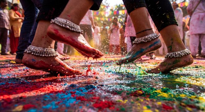 Colorful feet adorned with silver anklets are splashing in vibrant powders during a joyful Holi celebration, surrounded by a lively atmosphere filled with laughter and festive colors