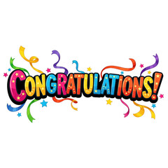 Colorful Congratulations text with streamers and stars on black background celebration party