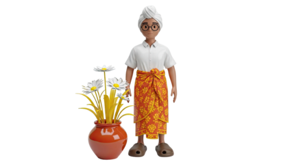 3D character with turban, glasses, and floral sarong standing next to daisies