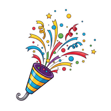 Colorful party popper exploding with confetti streamers stars and circles image