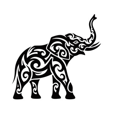 Black tribal tattoo design of an elephant with its trunk raised, featuring intricate swirling patterns on a white background.