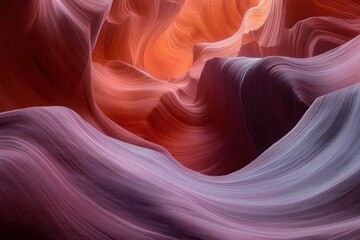 Sunlit narrow sandstone slot canyon with smooth layered waves and curving striations in warm orange and purple hues, serene glowing light and sculpted rock textures