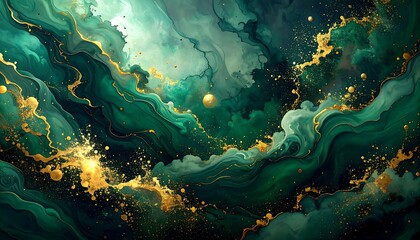 Emerald and gold fluid art swirling with cloud-like textures, creating a mesmerizing, luxurious, and ethereal scene