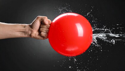 Fist striking a red balloon filled with water, causing a splash against a dark gray gradient background