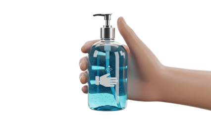 Hand Holding Blue Hand Sanitizer Bottle with Icon
