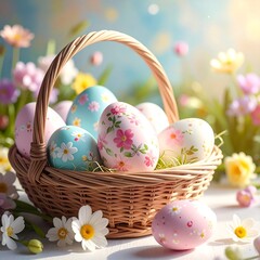 Floral Easter basket. Eggs decorated with pastel flowers nestled in a woven basket surrounded by a sunny, floral meadow