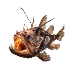 Fototapeta premium Fierce Anglerfish with sharp teeth and lure against black background deep ocean image