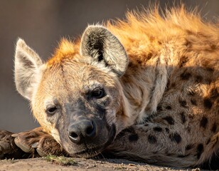 Obraz premium Close-up of a resting spotted scavenger animal