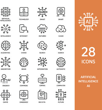 A collection of artificial intelligence related icons with a clean and modern design style set on orange