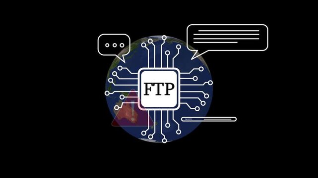Digital Circuit Board with FTP Chip and Warning Symbol on Black Background technology