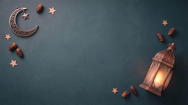 Ramadan kareem background with lantern dates crescent moon and stars on dark blue with Islamic and Eid and Mubarak and festival and celebration