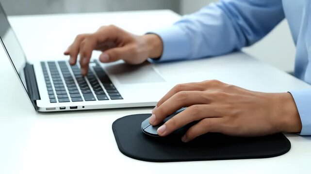 Close-up of a person's hands typing on a laptop and using a computer mouse on a black mousepad on a white desk with a blurred background.