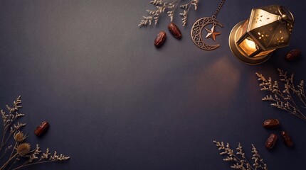 Ramadan background with lantern dates and moon star decoration on dark blue with islamic and festive and holiday and night and golden and light