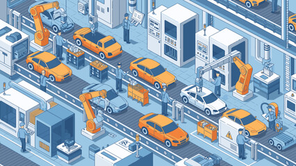 Obraz premium Modern car manufacturing plant with robots and workers