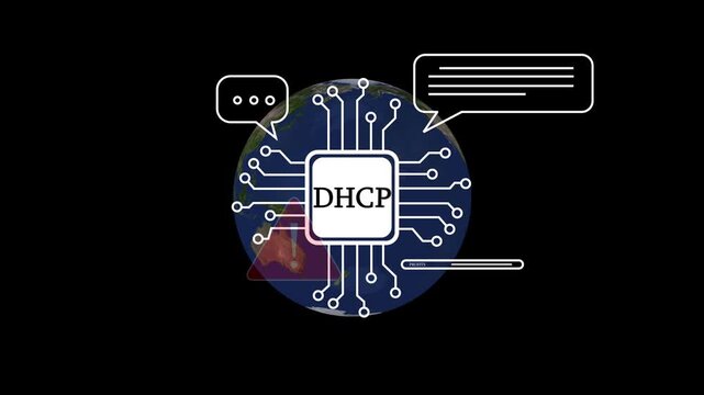 Digital Circuit Board with DHCP Chip and Warning Symbol on Black Background technology