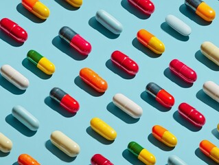 Pattern of medical capsules on light blue background. Seamless composition of vitamin supplements with hard shadows and vibrant colors