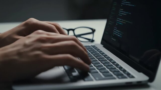 Close-up of hands typing on a laptop keyboard with glasses on a desk in a dark room with coding on the screen.