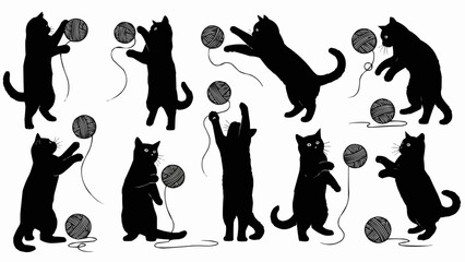 Collection of black cat silhouettes playing with yarn balls. © Arga
