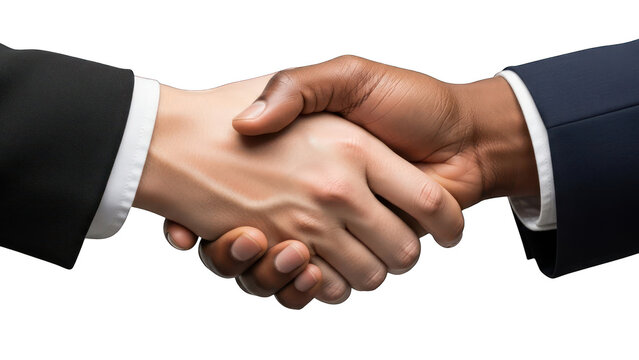 Close-up of two diverse hands shaking on a transparent background
