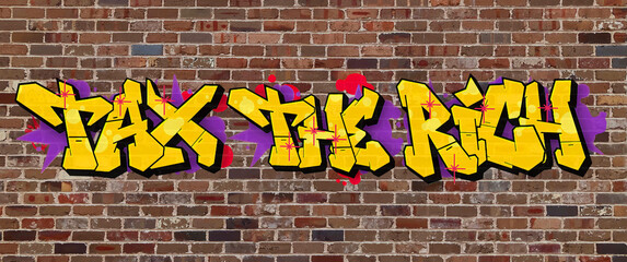 Graffitti text reading "Tax the Rich" on a brick wall
