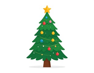 Illustrated Christmas tree with ornaments and star, on a white background
