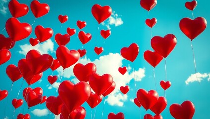 Floating hearts balloons in sky