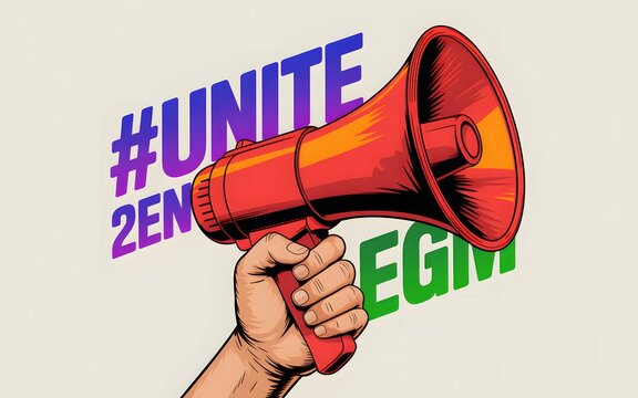 Hand holding megaphone with unite 2en and egm