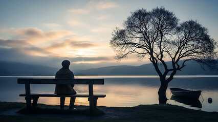 Solitary man sitting on wooden bench facing calm lake at sunset with bare tree and small rowing boat