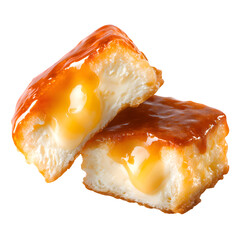 Golden crispy dessert with gooey custard filling and glossy caramel glaze, close-up of indulgent sweet treat with rich texture and melted center