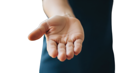Close-up of a person's outstretched hand against a transparent background.