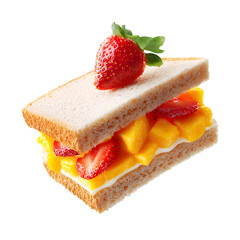 Fruit sandwich with strawberries, mango, and whipped cream between white bread slices, topped with whole strawberry, vibrant dessert on black background