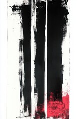 Abstract vertical black brush strokes on white background with distressed texture and a splash of red at the bottom right corner conveying boldness and contrast